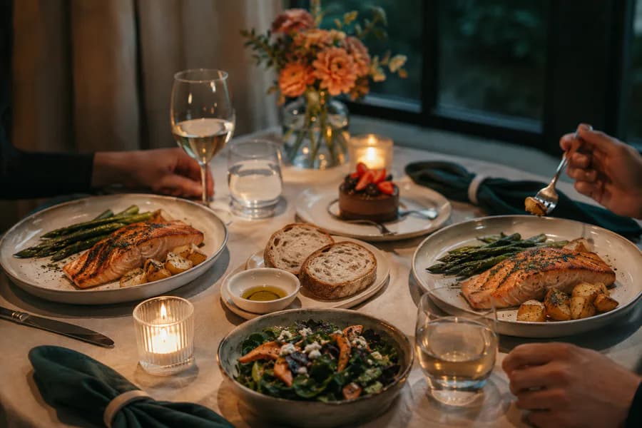 An anniversary dinner for two with salmon, vegetables, bread, and a shared dessert.